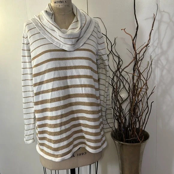 Jones New York long sleeve cowl neck sweater in cream with gold stripes - Picture 1 of 7
